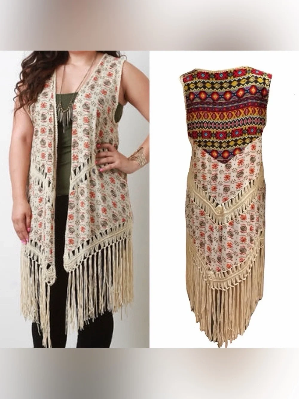 Umgee Boho Aztec Fringe Long Duster Vest Crochet Trim Plus Size 1XL - Picture 4 of 16